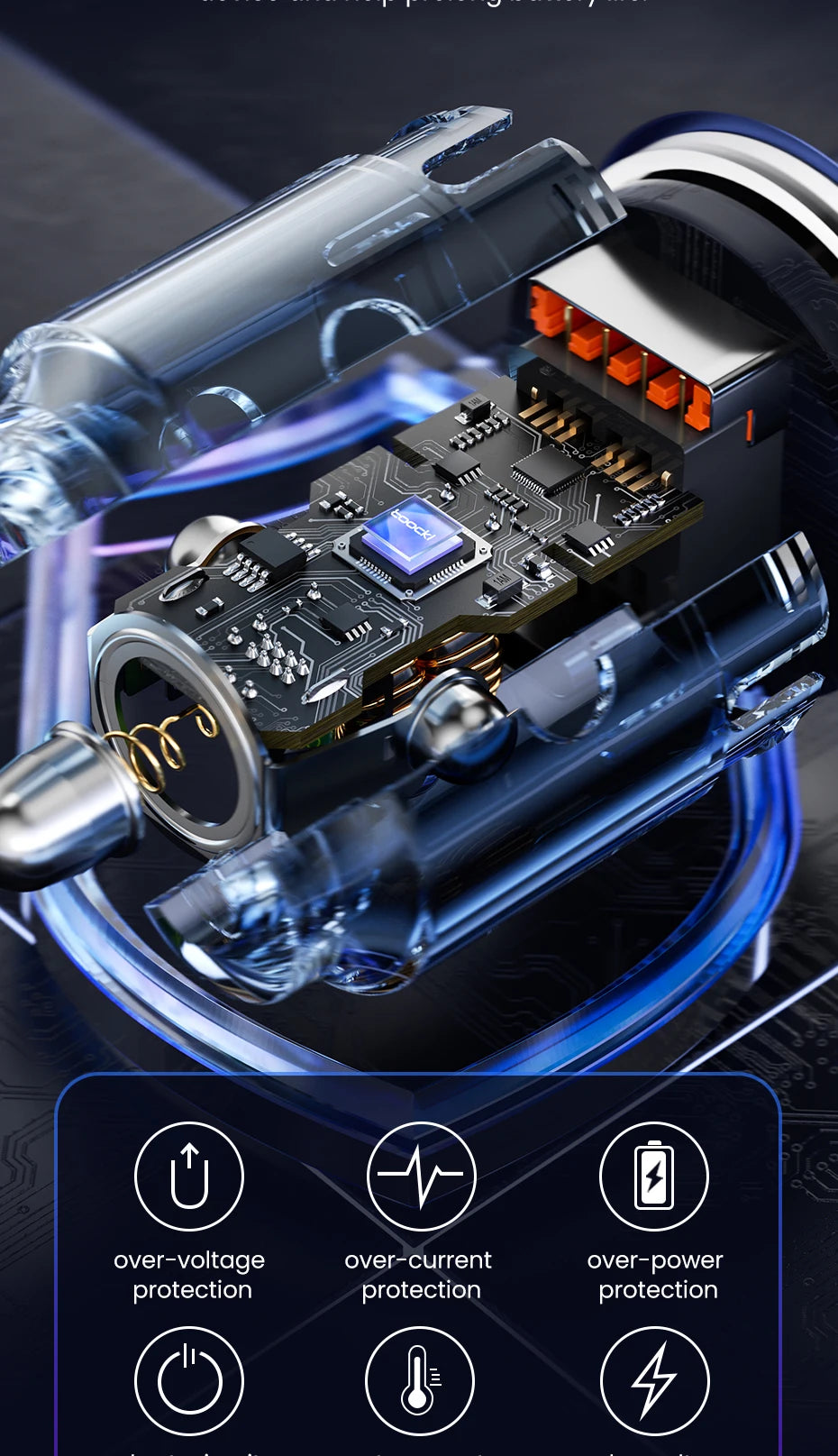 A close-up view of a high-power car charger module with protective features for modern smartphones.