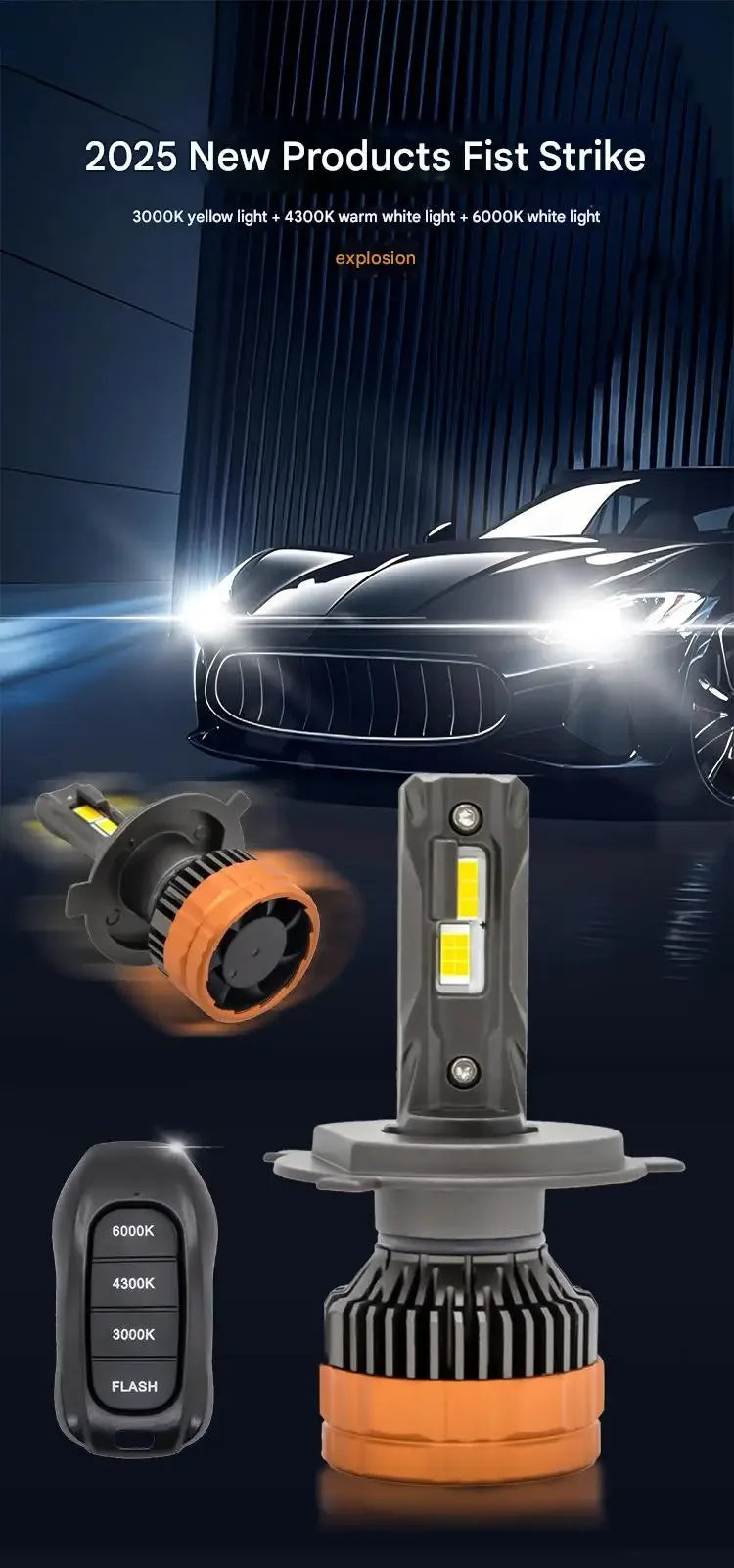 Un jeu de phares de voiture télécommandés LED multicolores montrant les options de lumière jaune, blanc chaud et blanc.