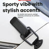 A black textured latch pin for a car hood, showing a sporty accent on a white car surface.