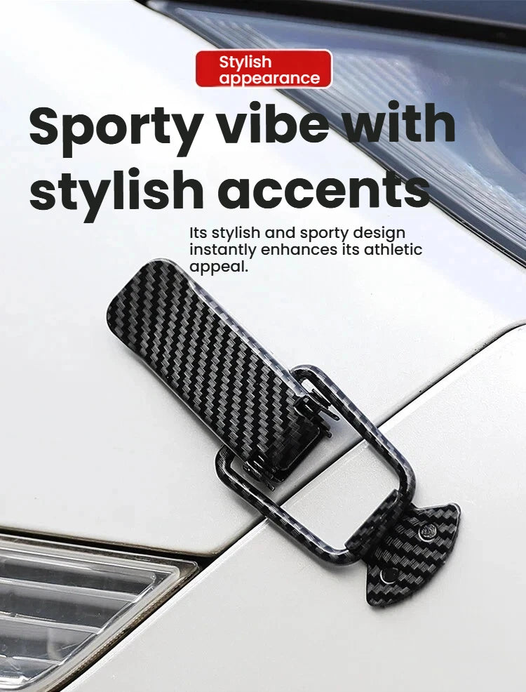 A black textured latch pin for a car hood, showing a sporty accent on a white car surface.