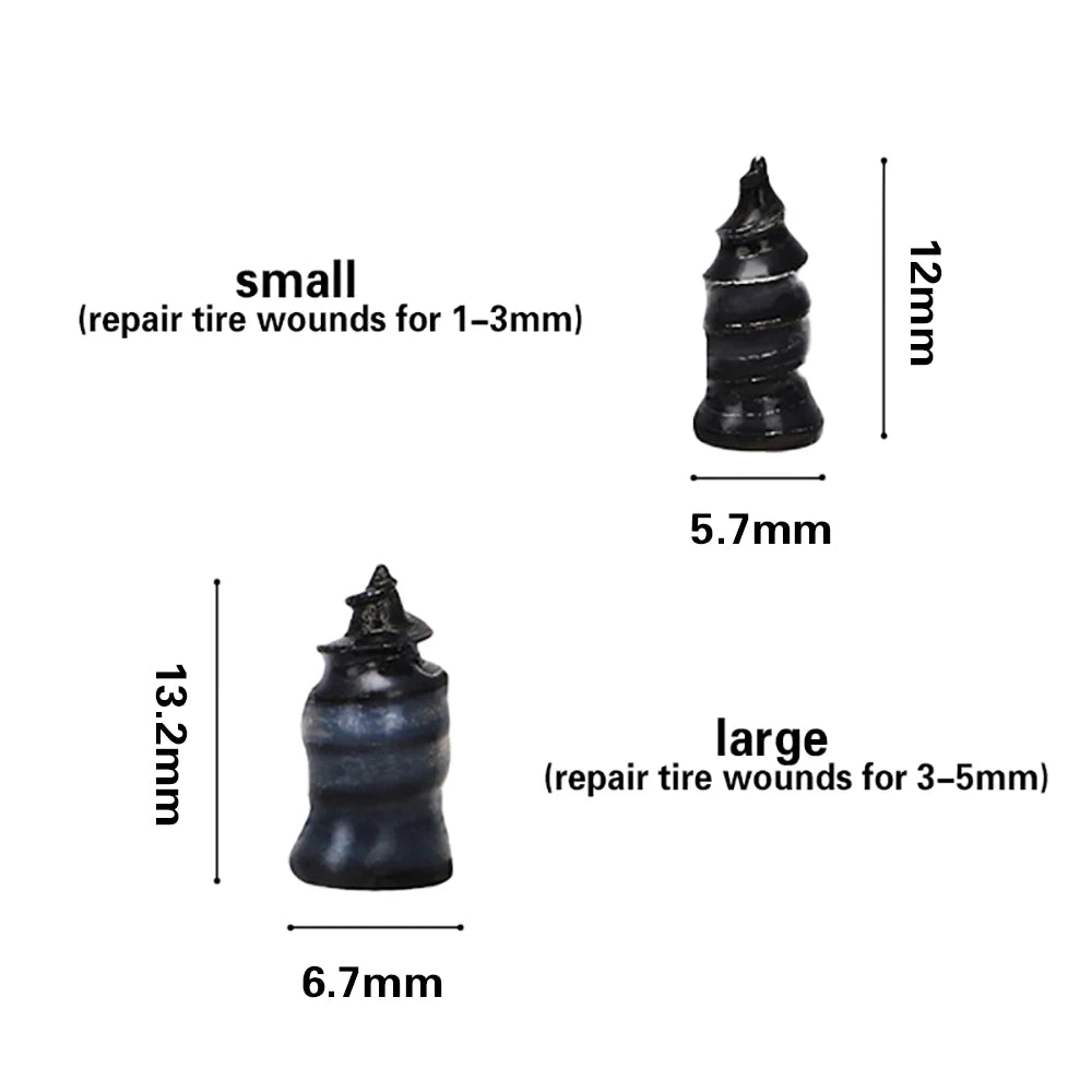 A set of two black tire repair nails, small and large sizes, shown with measurements.