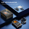 A 4.3" HD Industrial Endoscope Camera with a flexible cable is shown next to its packaging and accessories.