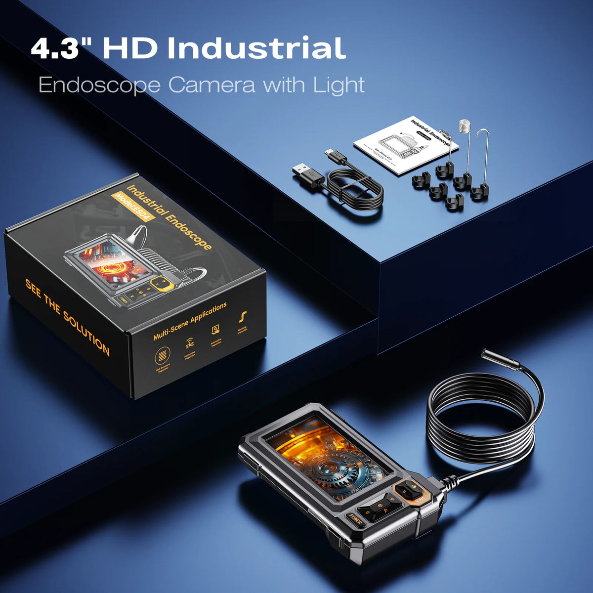 A 4.3" HD Industrial Endoscope Camera with a flexible cable is shown next to its packaging and accessories.