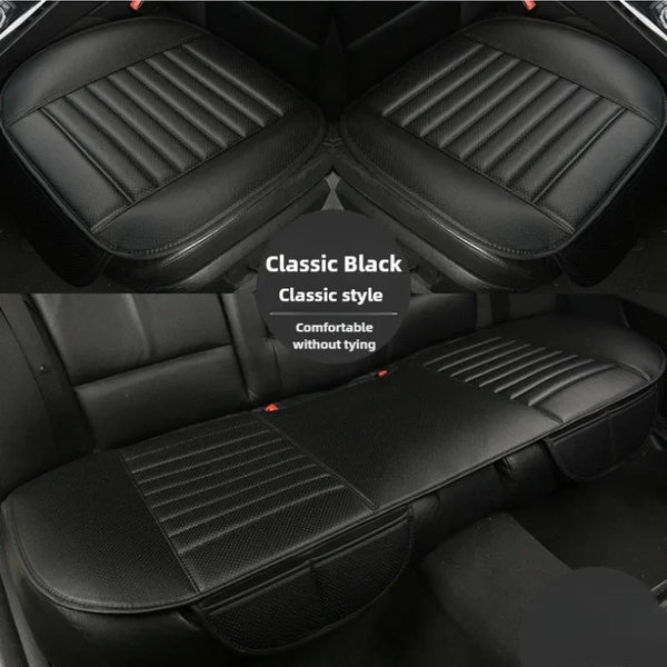 Classic black breathable PU seat covers for car cushions shown in a vehicle interior.