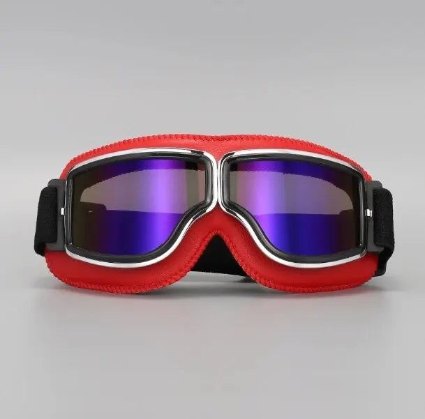 A pair of red retro folding motorcycle windproof glasses with dark lenses displayed on a gray background.