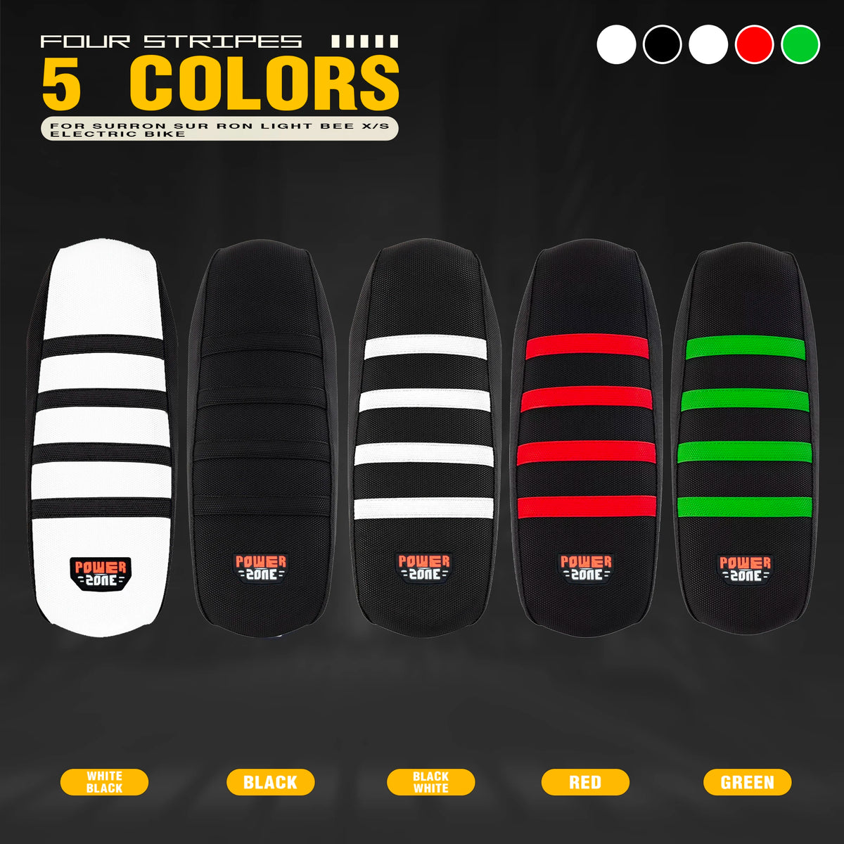 Five colored grip seat covers for a Sur-Ron Light Bee X S electric bike, shown in various colors and black.