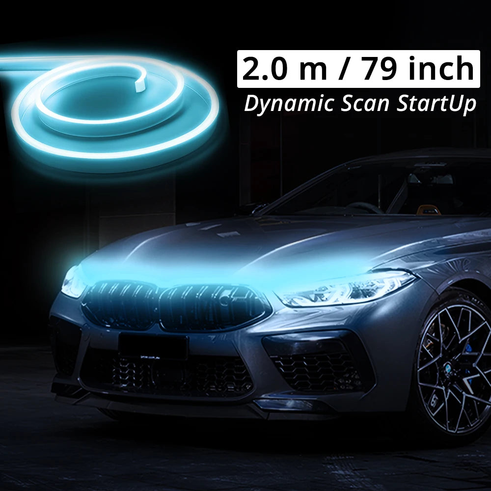 A close-up of a car's front grille and hood with blue LED light strips illuminating the area.