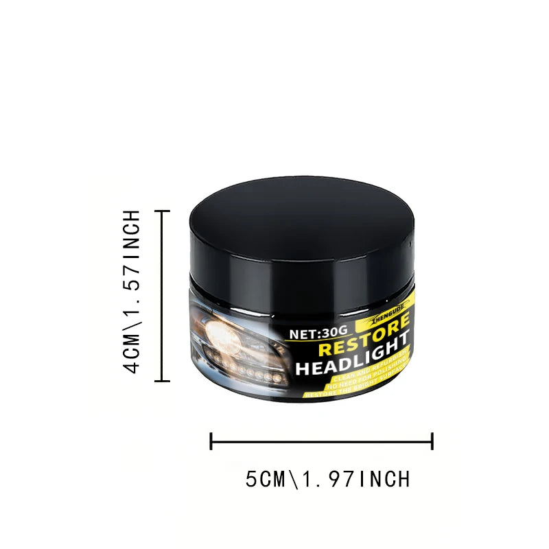 Black jar of restore headlight lens scratch repair kit with dimension markings