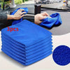A stack of three blue microfiber car cleaning cloths is shown alongside hands using one cloth and a close-up of the fabric te