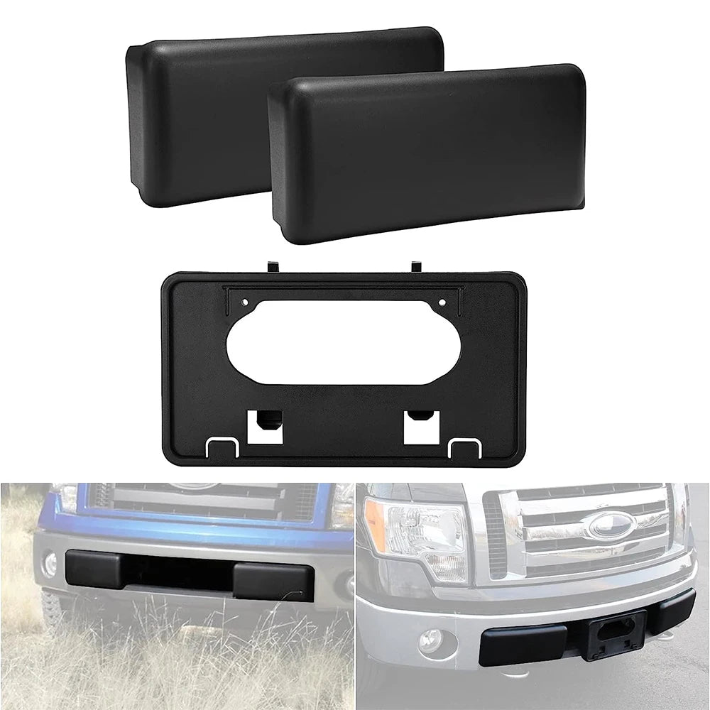Black heavy duty front bumper guard and license plate kit for a Ford F150 vehicle