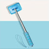 A telescopic windshield cleaning brush with a blue head and handle is shown against a light blue background.