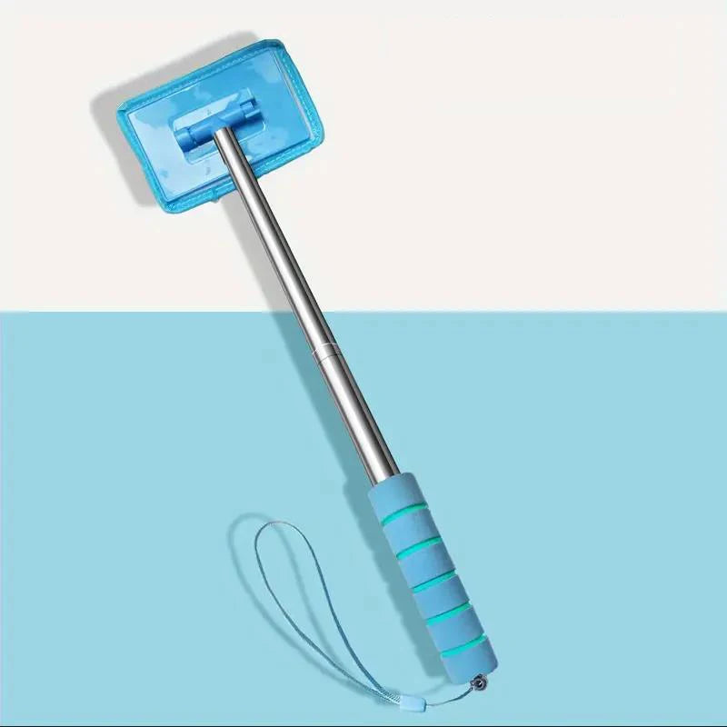 A telescopic windshield cleaning brush with a blue head and handle is shown against a light blue background.