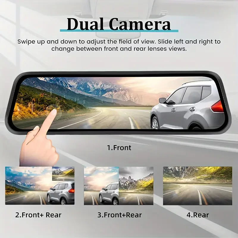 A car dash cam showing four camera views: front, front+rear, front+rear, and rear.