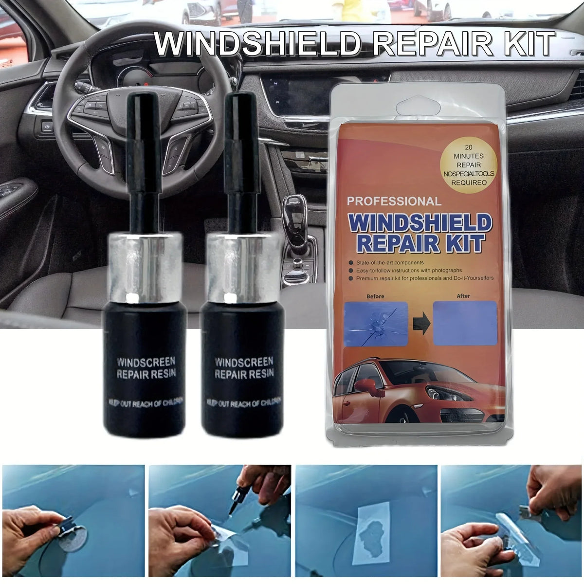 A professional windshield repair kit box and two bottles of resin are shown next to a car interior.