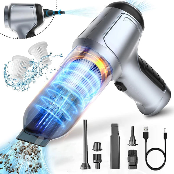 A silver handheld vacuum cleaner demonstrates suction power with blue light effects and various attachments.