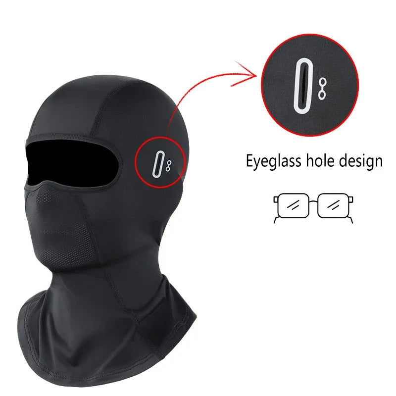 Black multi-functional balaclava with an eyeglass hole design shown on a mannequin head.