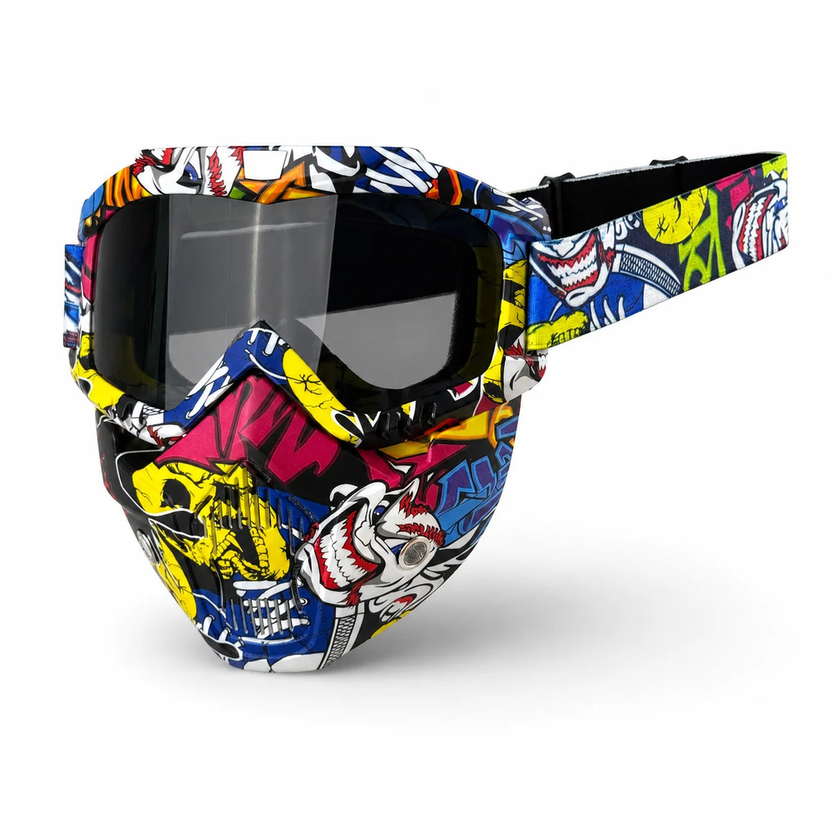 Tactical full face motorcycle goggles featuring a vibrant, multi-colored camouflage pattern.