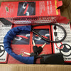 Box of a universal car steering wheel lock with a blue strap and black cable for anti-theft protection