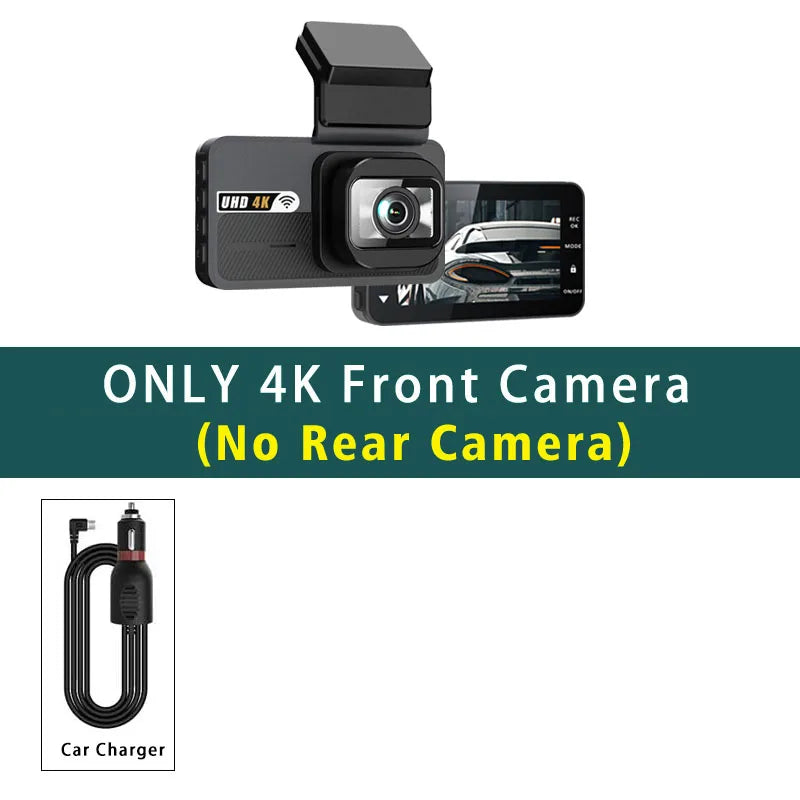 A black 4K front camera dash cam mounted on a device with a smartphone screen and a separate car charger cable.