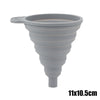 A gray silicone funnel with a spout and a narrow base, measuring 11x10.5cm.