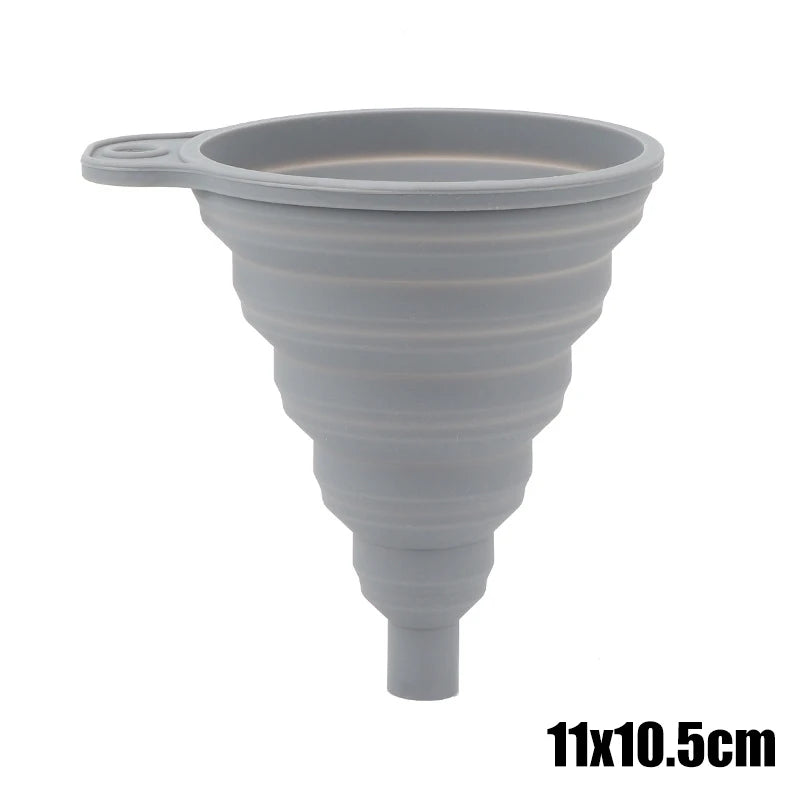 A gray silicone funnel with a spout and a narrow base, measuring 11x10.5cm.