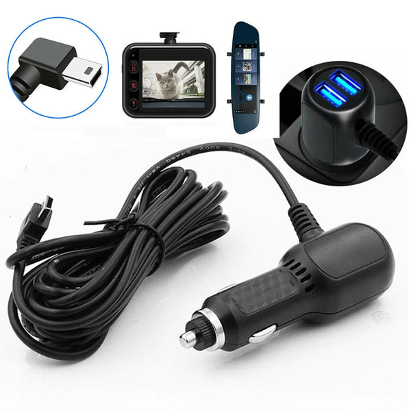 A black multi-port car charger with a cable, a dash cam mount, and a GPS holder for vehicles.