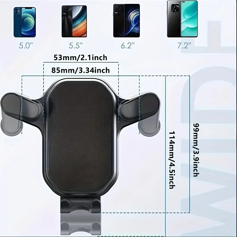 A black universal car phone mount featuring an air vent clip, shown alongside various smartphone sizes.