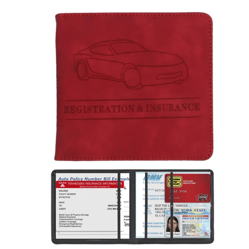 A red leather card holder wallet with the text Registration & Insurance printed on it, next to an auto policy bill example.