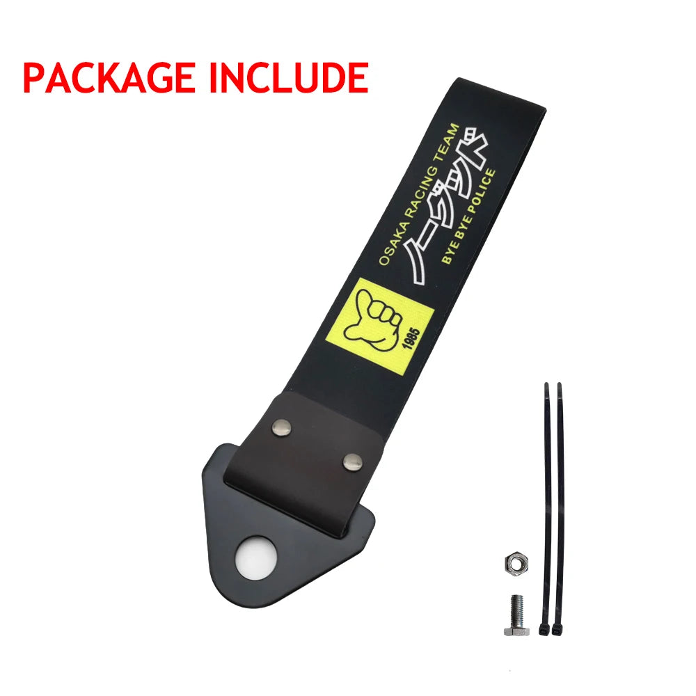 A black universal tow strap with a yellow emblem and mounting hardware.