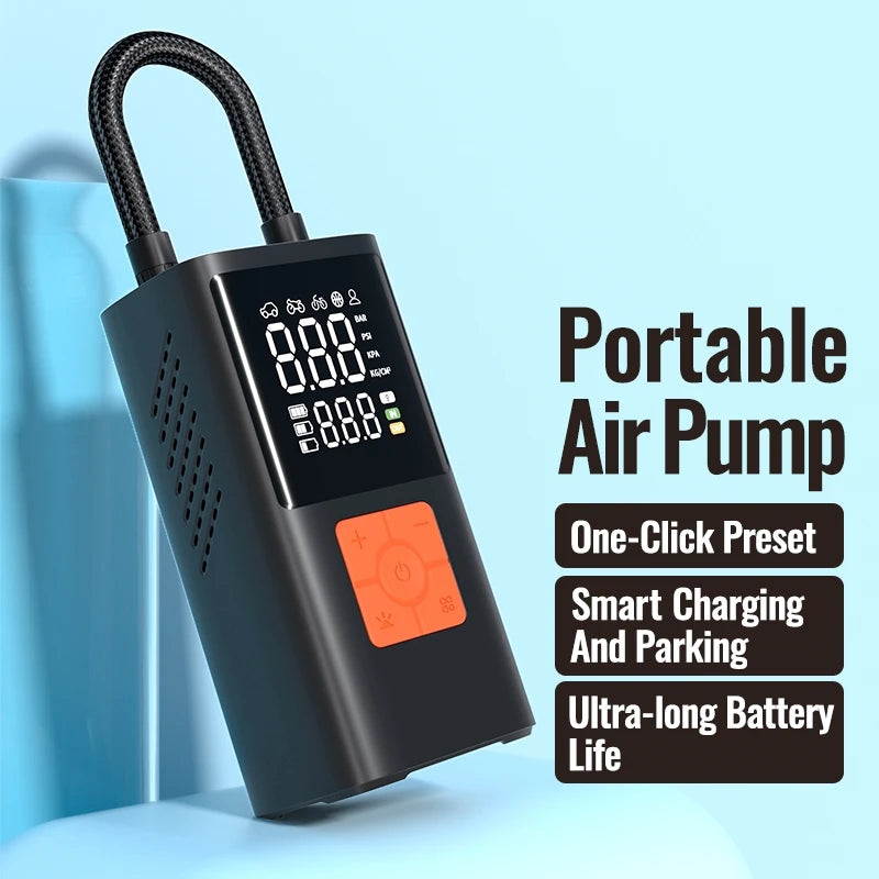 Pompe à air portable noire avec tuyau enroulé et écran numérique sur fond bleu clair.