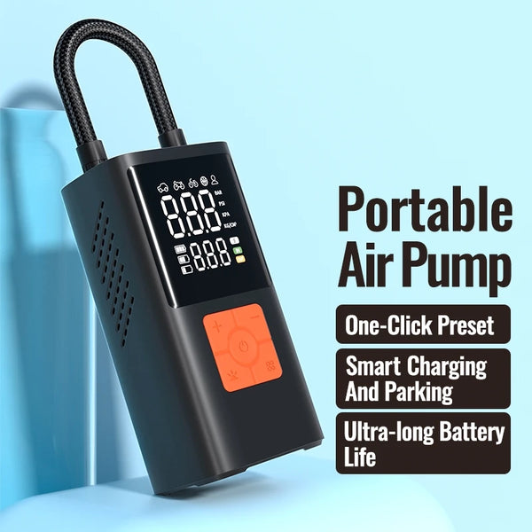 A black portable air pump with a coiled hose and digital display is shown on a light blue background.