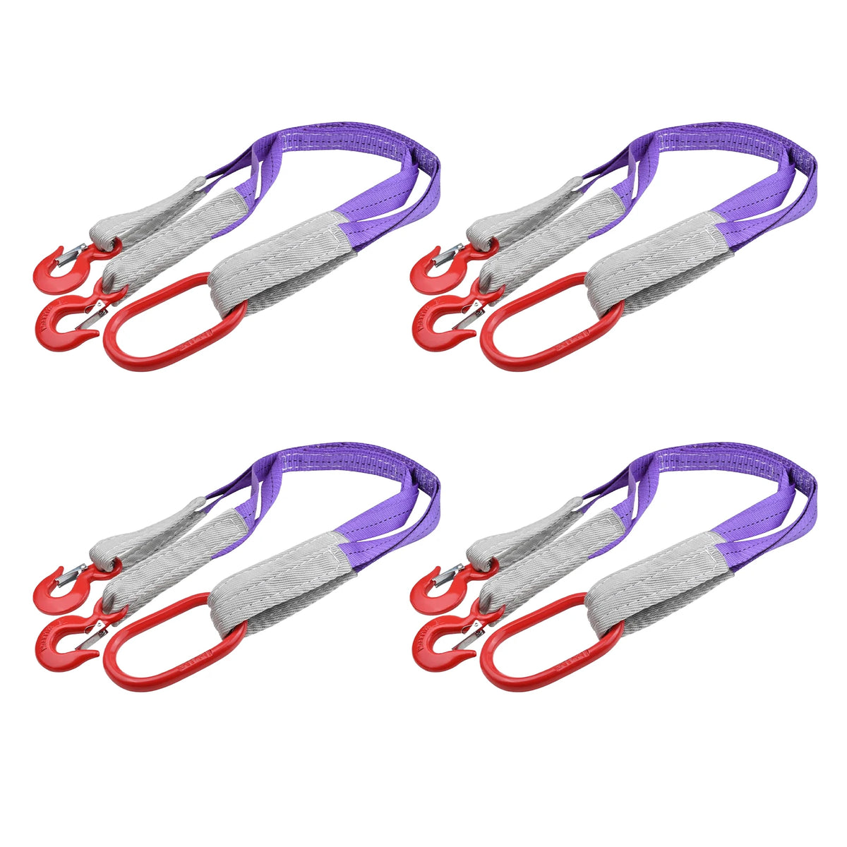 Heavy duty lifting slings with hooks in gray and purple fabric