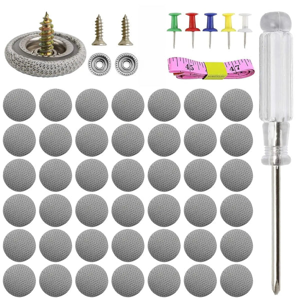 A collection of car roof interior trim clip fasteners including screw caps and various colored plastic clips.