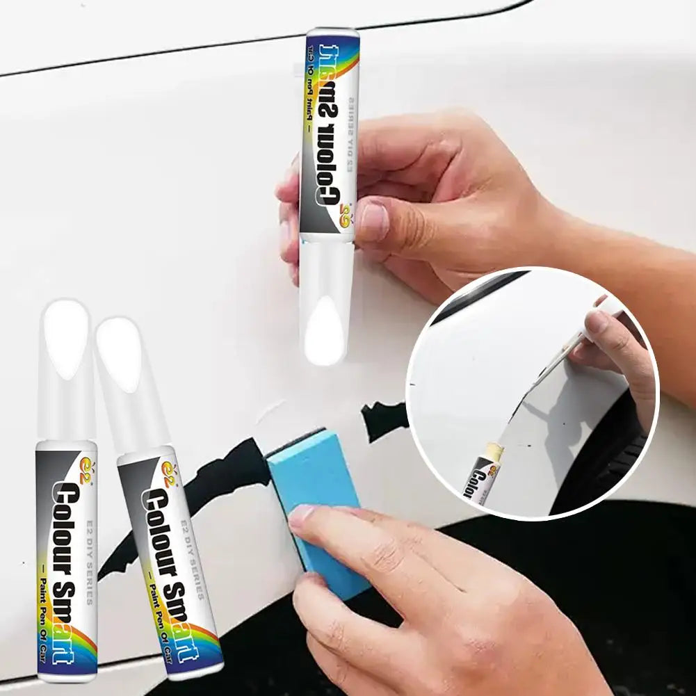 A hand holds a Colour Smart pen for car scratch repair, demonstrating its use with a mirror.
