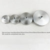 A row of modern stainless steel pendant lamp bases in various sizes, showing different diameters.