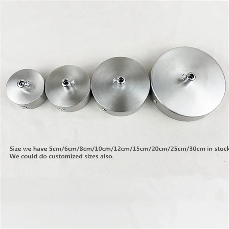 A row of modern stainless steel pendant lamp bases in various sizes, showing different diameters.