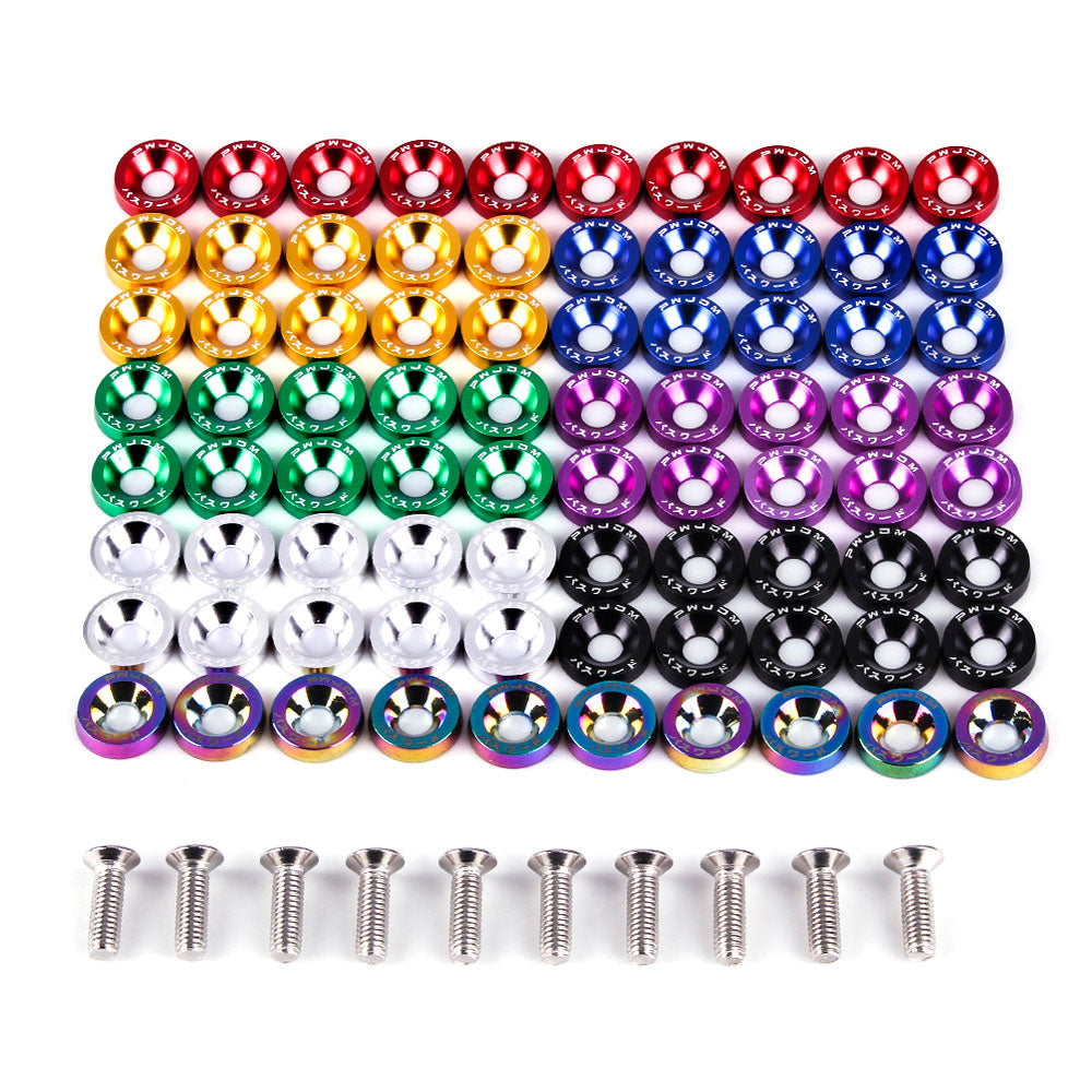 A collection of colorful aluminum fender fasteners and various metal screws arranged in rows.