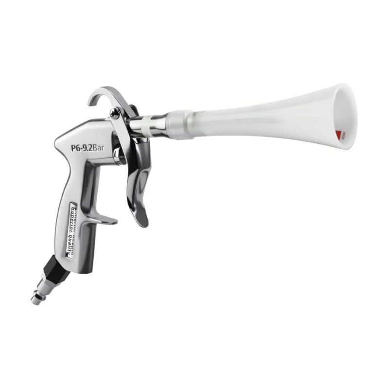 Silver tornado dry cleaning gun with a white nozzle and adjustable brass fitting