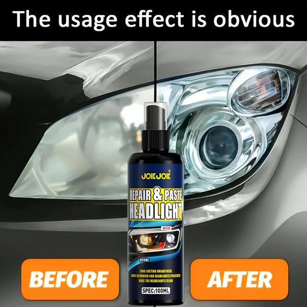 Before and after comparison of a car headlight restoration product applied to an automotive light assembly.