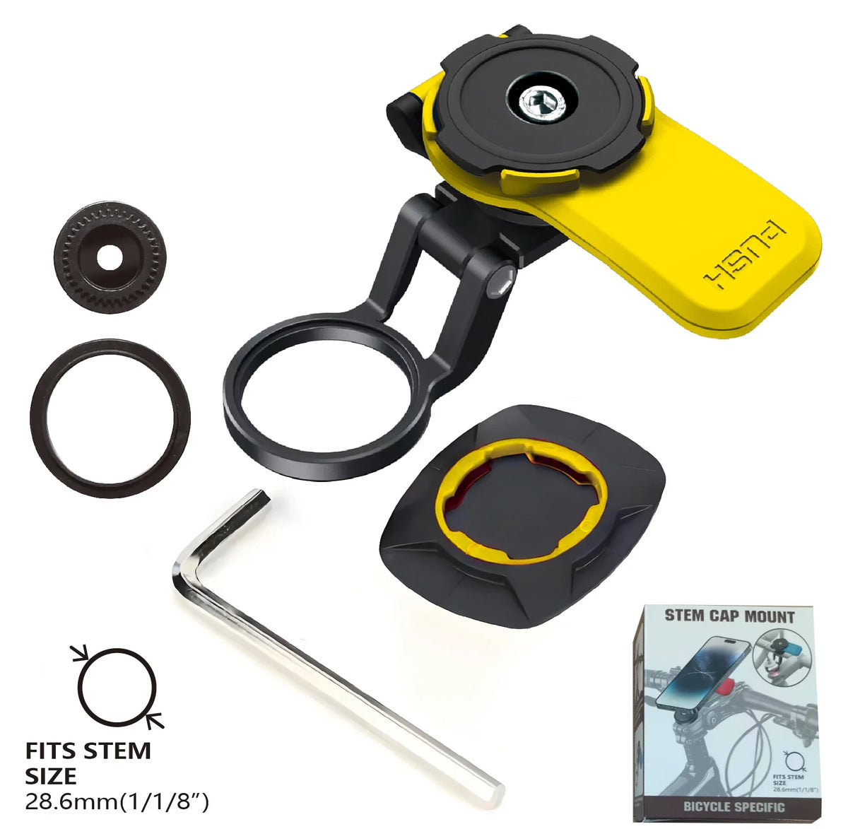 A yellow and black universal motorcycle phone mount with a clamp and mounting plate.