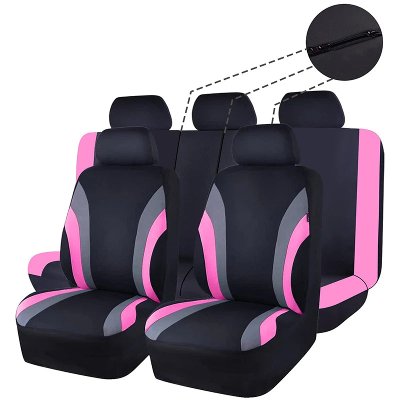 Black car seat covers with pink accents shown in a row, highlighting the breathable fabric design.