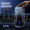 A hand places a smart sensor device, featuring an upgrade sensor chip and RGB lighting, onto a car console.