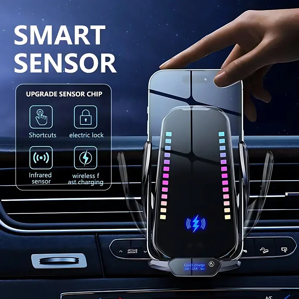 A hand places a smart sensor device, featuring an upgrade sensor chip and RGB lighting, onto a car console.