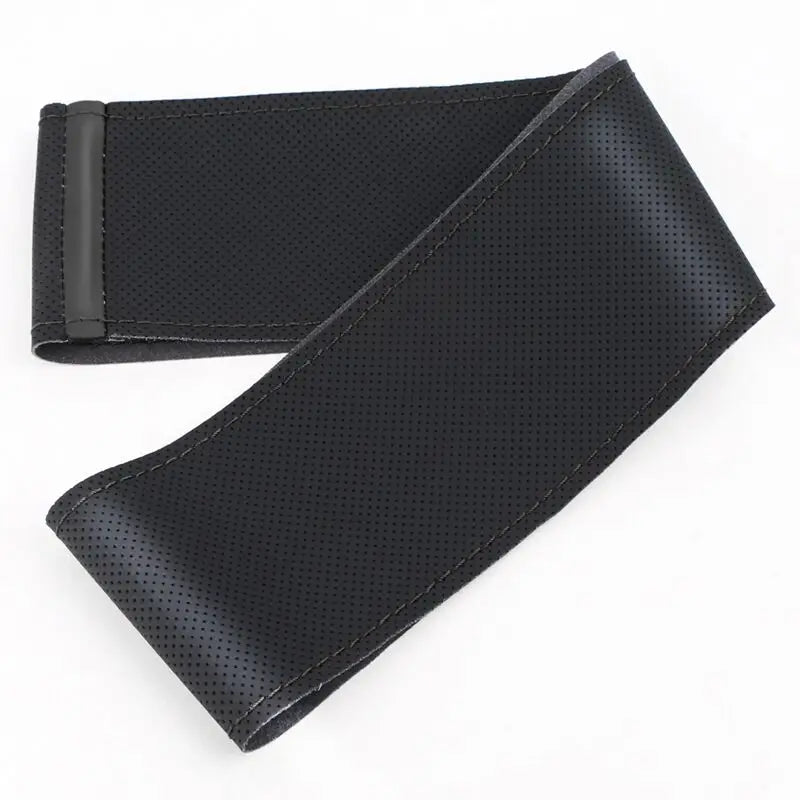Black leather universal car steering wheel cover shown flat
