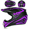 A black and purple kids and motorcycle off-road safety helmet shown from the side.