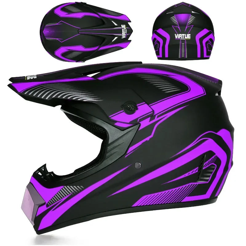 A black and purple kids and motorcycle off-road safety helmet shown from the side.