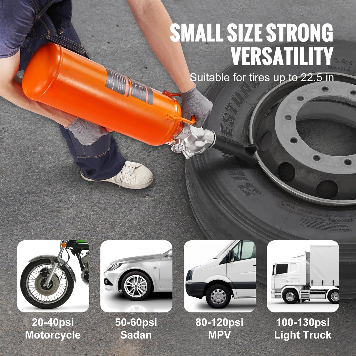 Orange handheld tire bead seater inflator being used on a tire, demonstrating versatility for various tires.