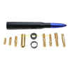 A black and blue universal carbon fiber vehicle antenna mount with various threaded screws and rings.