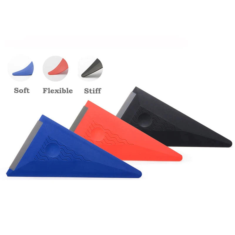 Three versions of a multi-edge triangle squeegee are shown: soft, flexible, and stiff, with examples of blue, red, and black 