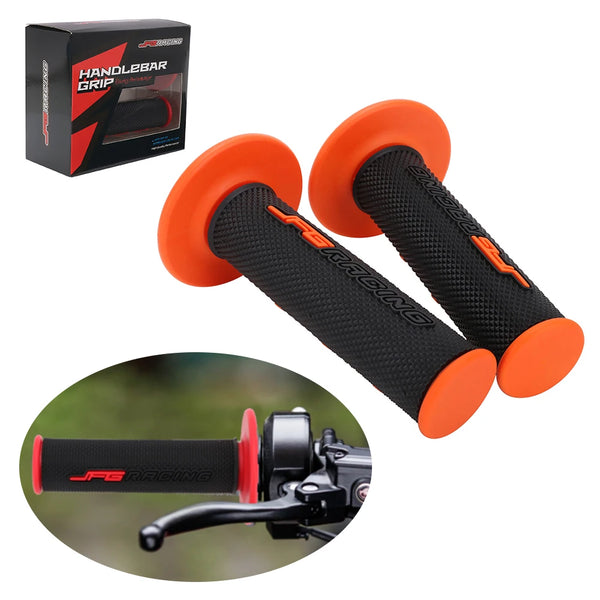 Orange und schwarz Hartgriffe für Dirtbikes, gezeigt mit Verpackung und Montageansicht.